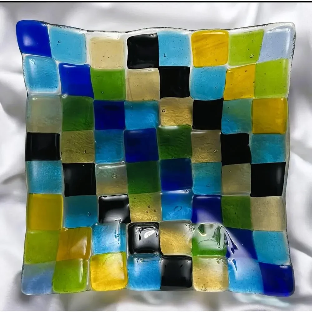Vintage Italian Murano Art Fused Glass Geometric Design Trinket Dish